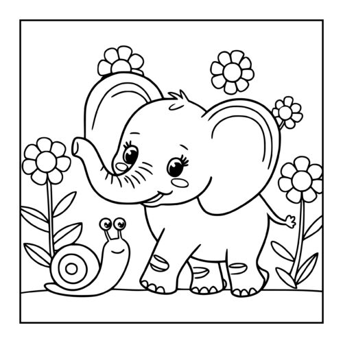 Adorable baby elephant making friends with a snail among blooming daisies