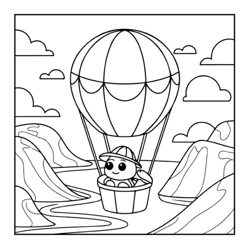 Adventurous turtle explorer riding in hot air balloon over mountain landscape