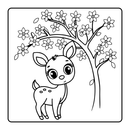 Baby deer standing beneath flowering tree