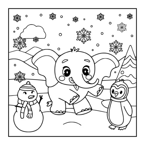 Baby elephant in a winter wonderland with snowmen and penguin friends