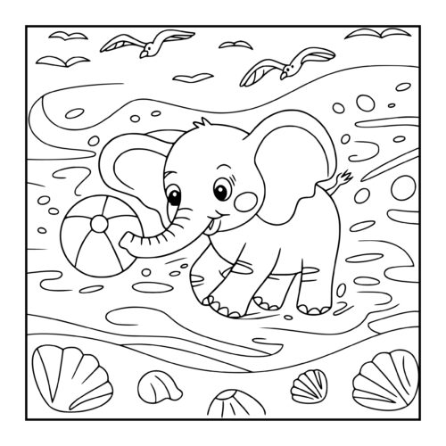 Baby elephant playing with a beach ball by the seashore with seashells