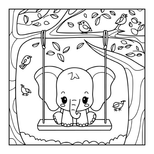 Baby elephant sitting on a swing with birds perched on branches