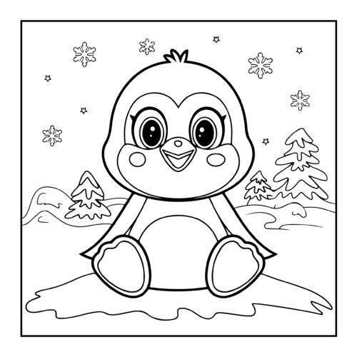 Baby penguin sitting in snow with snowflakes falling