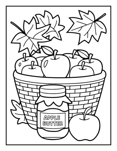 Basket of apples with maple leaves and jar of apple butter