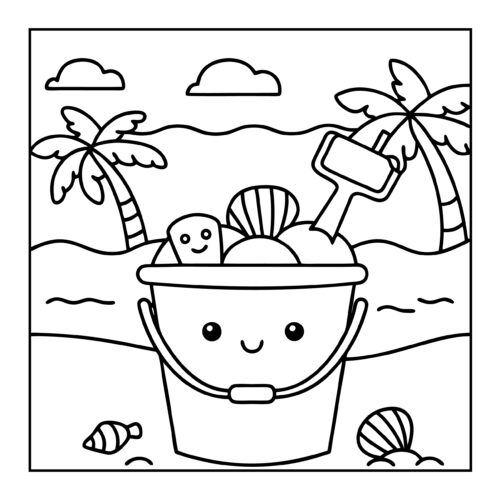 Beach bucket with toys, shells and shovel by the ocean
