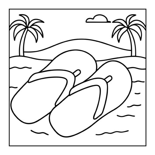 Beach flip flops on sand with palm trees and wavy ocean