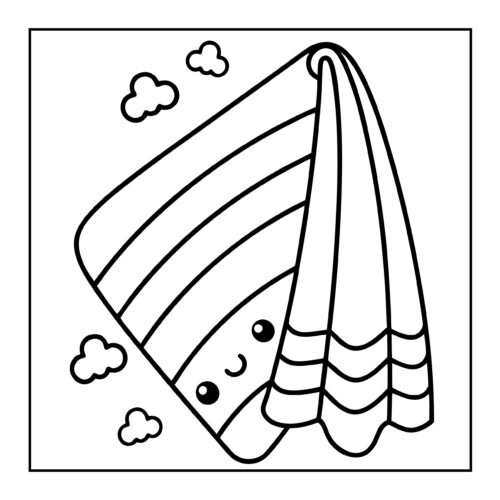 Beach towel with stripes folded neatly with clouds overhead