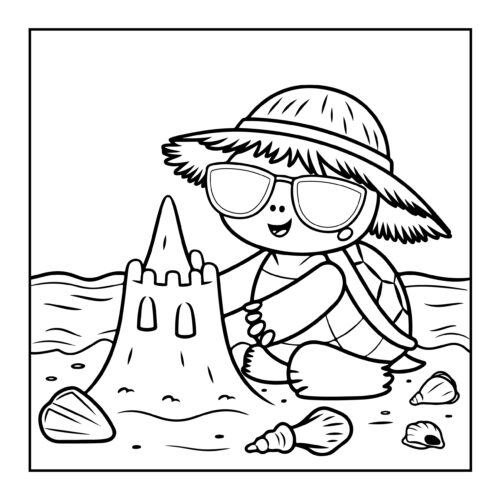 Beach turtle building sandcastle wearing sunhat with shells on sandy shore