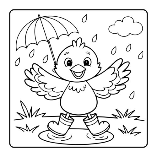 Bird with umbrella standing in rain shower