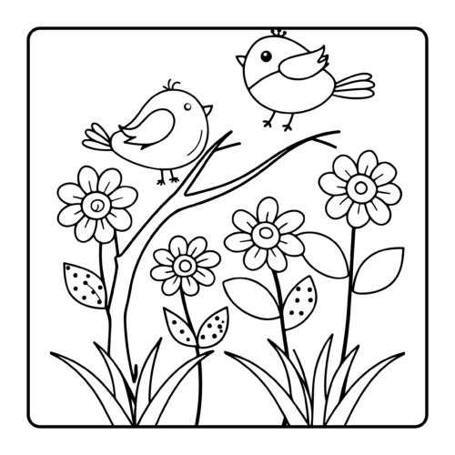 Birds perched on branch with flowers below