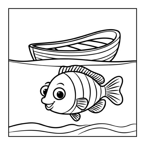 Boat on water surface with striped fish swimming below