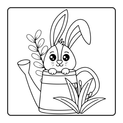 Bunny peeking from watering can with plants