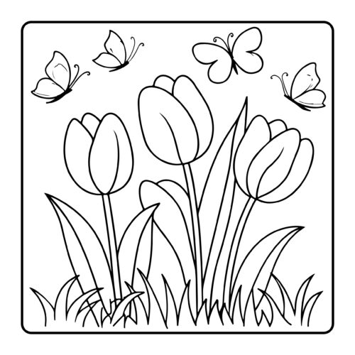 Butterflies with tulips and floating hearts