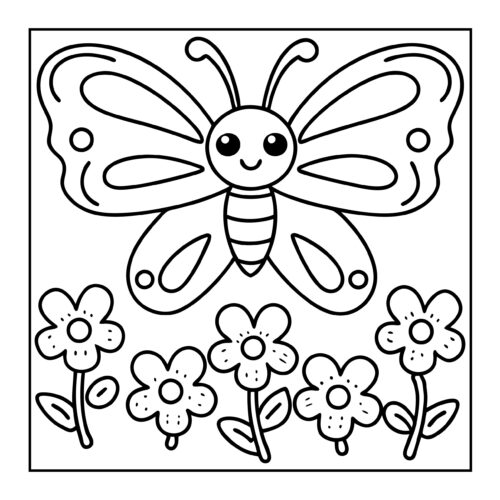 Butterfly with smiling face above row of simple flowers