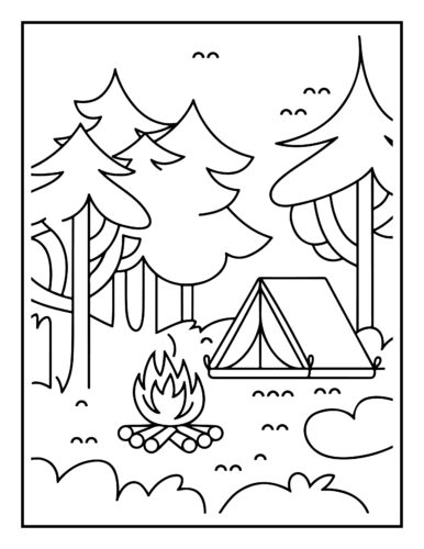 Camping in pine forest with tent and campfire under stylized trees
