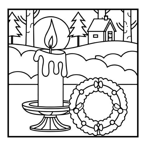 Candle with holiday wreath in snow with cabin in background