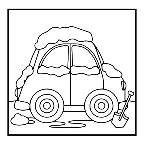 Car covered in snow with a shovel nearby