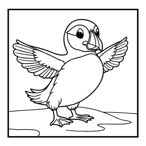 Cartoon bird with wings spread standing on snowy ground