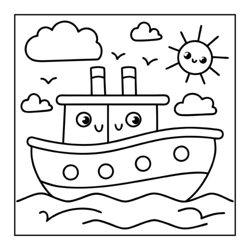Cartoon boat with happy face, sails and waves below