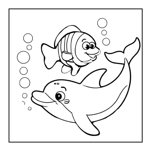 Cartoon clownfish and dolphin swimming together with bubbles