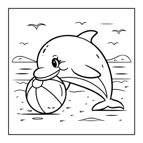 Cartoon dolphin performing with a beach ball on its nose