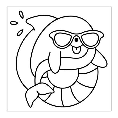Cartoon dolphin with sunglasses relaxing on striped swim ring