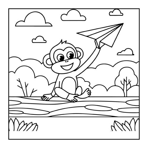 Cartoon monkey with paper airplane sitting among clouds with rainbow background