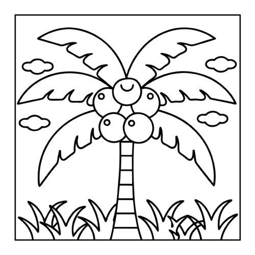 Cartoon palm tree with coconuts and clouds in simple style