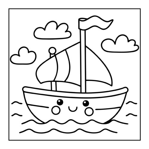 Cartoon sailboat with smiling face sailing on wavy ocean