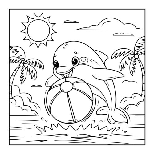 Cheerful dolphin holding beach ball with palm trees and sun in tropical scene