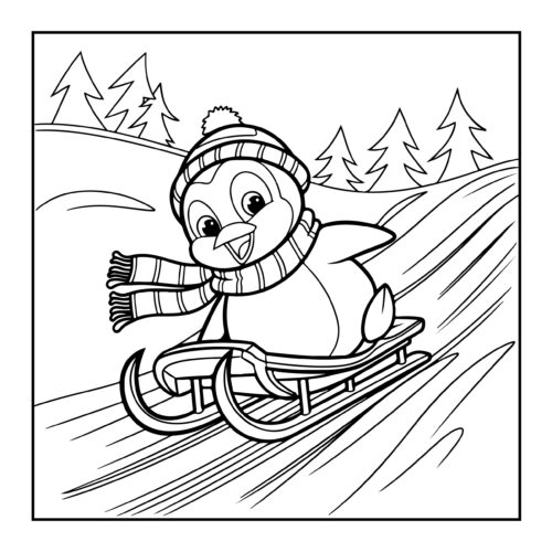 Cheerful penguin sledding down snowy hill wearing winter hat and scarf