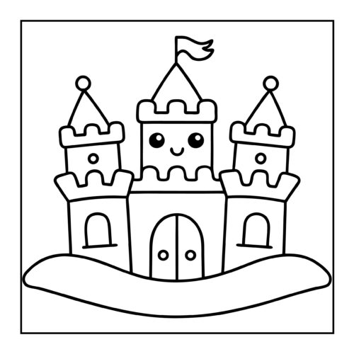 Cheerful sandcastle with turrets, flag and smiley face