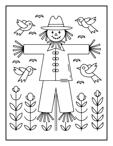 Cheerful scarecrow with birds surrounded by flowers and simple plant designs