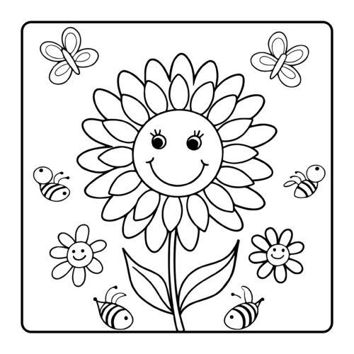 Cheerful sunflower with butterflies and bees flying around