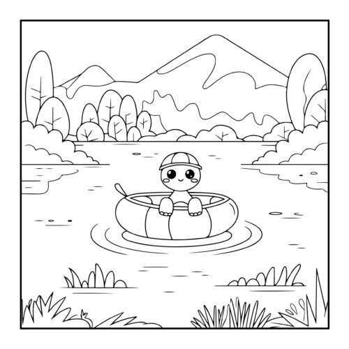 Cheerful turtle wearing a cap floating in inner tube on peaceful lake