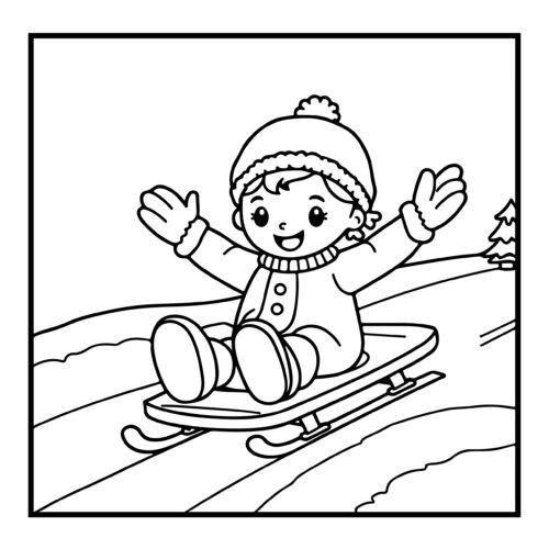 Child sledding down snowy hill with arms raised