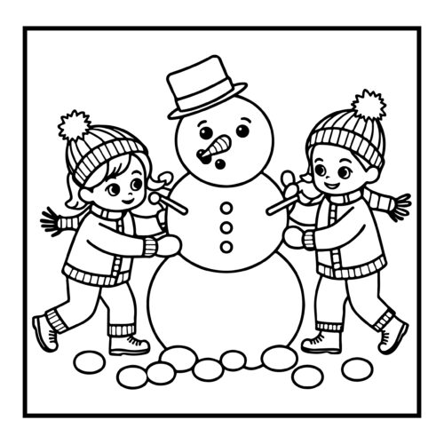 Children building a snowman with hats and scarves