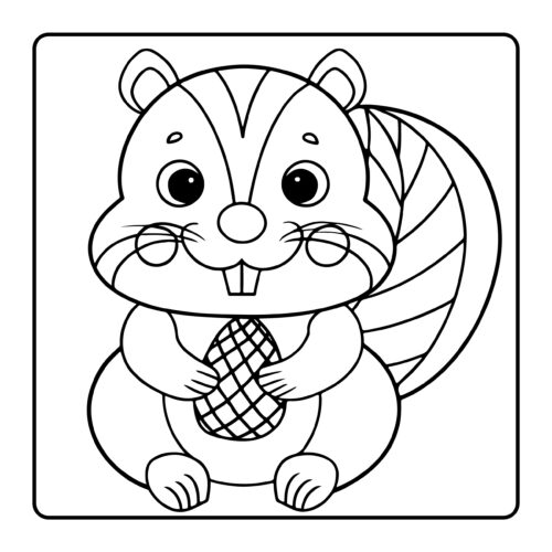 Chipmunk holding peanut with striped tail