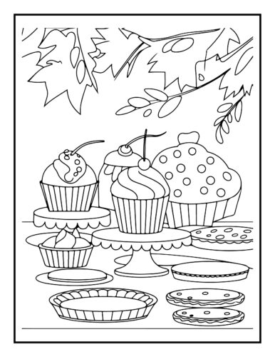 Collection of cupcakes, pies and desserts under maple leaf decorations