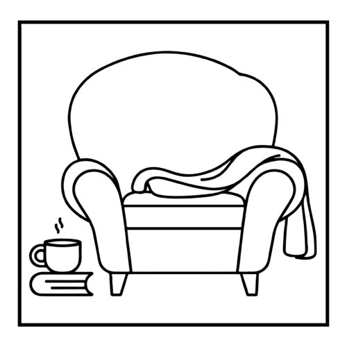 Comfortable armchair with blanket and book with steaming cup