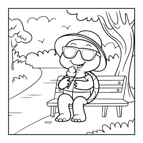 Cool turtle wearing sunglasses enjoying ice cream cone on park bench