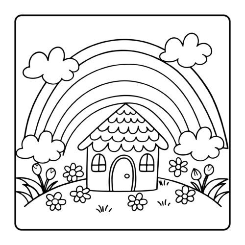 Cottage house with rainbow and flowers surrounding it