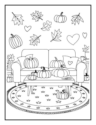 Cozy pumpkin themed living room with sofa, throw pillows, and falling leaves