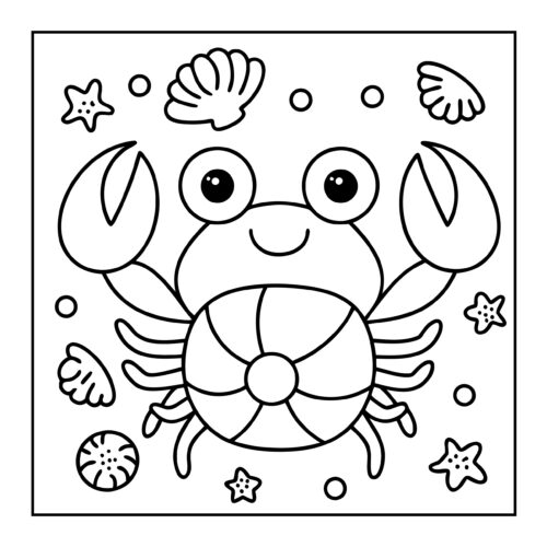 Crab with life preserver surrounded by seashells and starfish