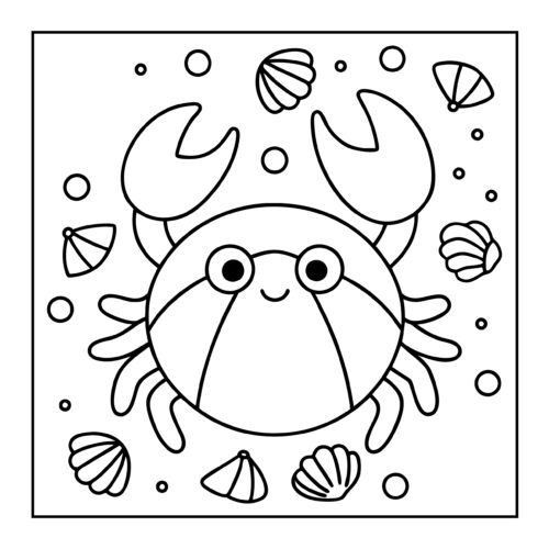 Crab with spotted shell surrounded by bubbles and seashells