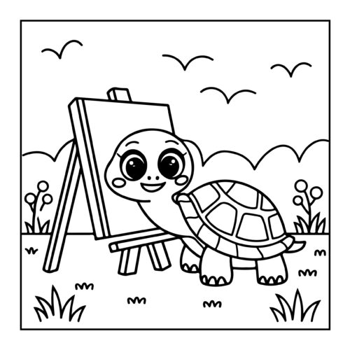 Creative turtle painting outdoors with easel and art supplies in grassy field
