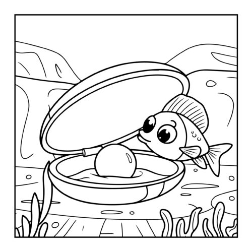 Curious fish peeking at a pearl inside an open oyster shell