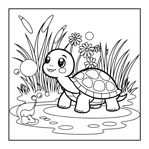 Curious turtle exploring pond with snail friend amid tall grasses and flowers