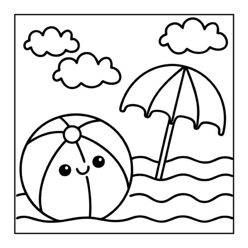 Cute beach ball next to beach umbrella with clouds above