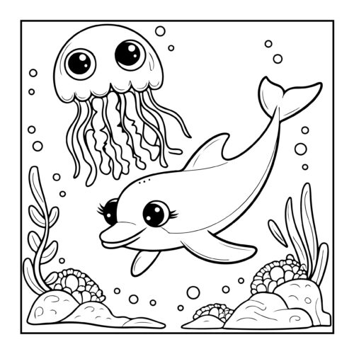 Cute cartoon dolphin and jellyfish with bubbles in an underwater scene